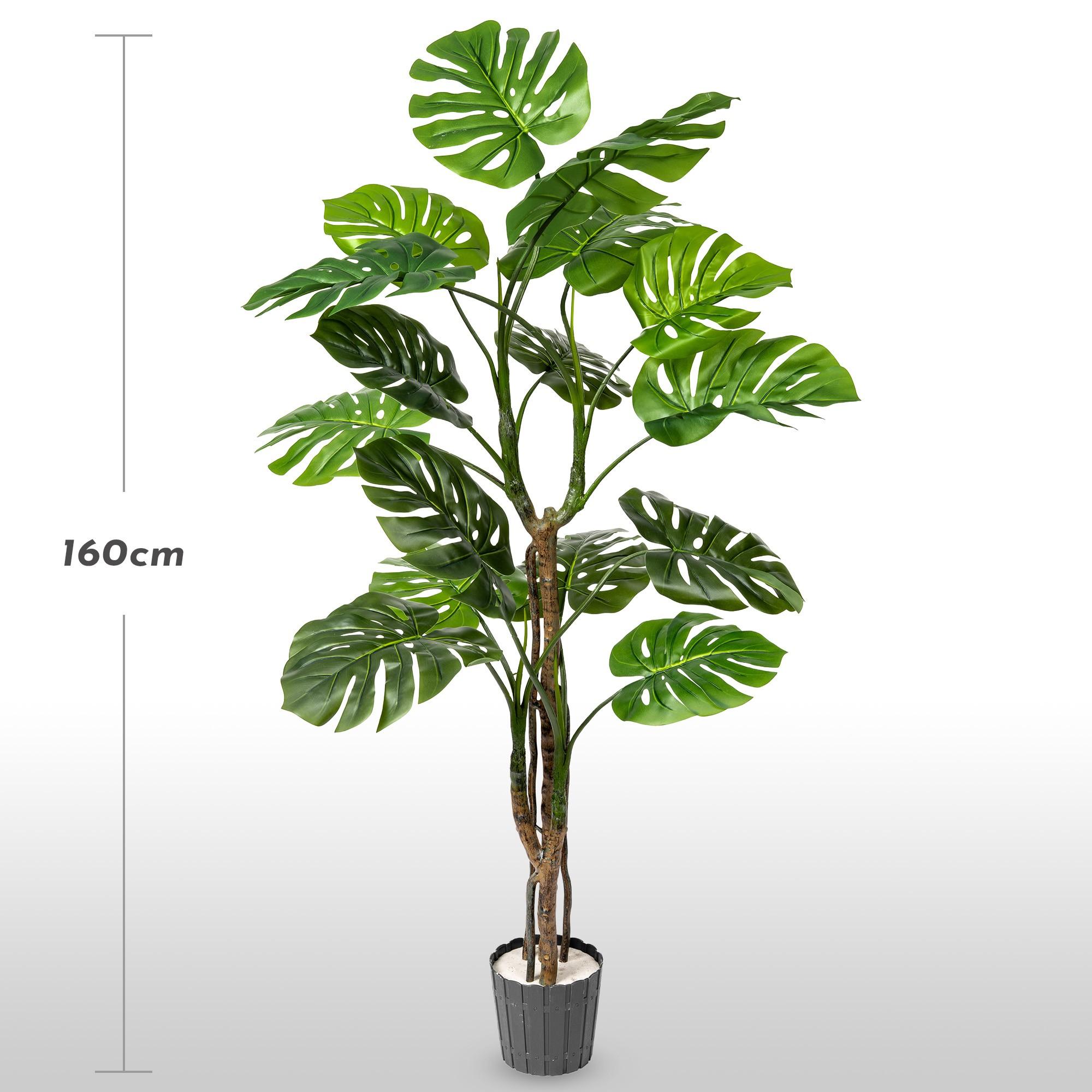 Monstera artificiel sur tronc de 160 cm FairyTrees sur fond clair, avec indication de la hauteur de la plante.