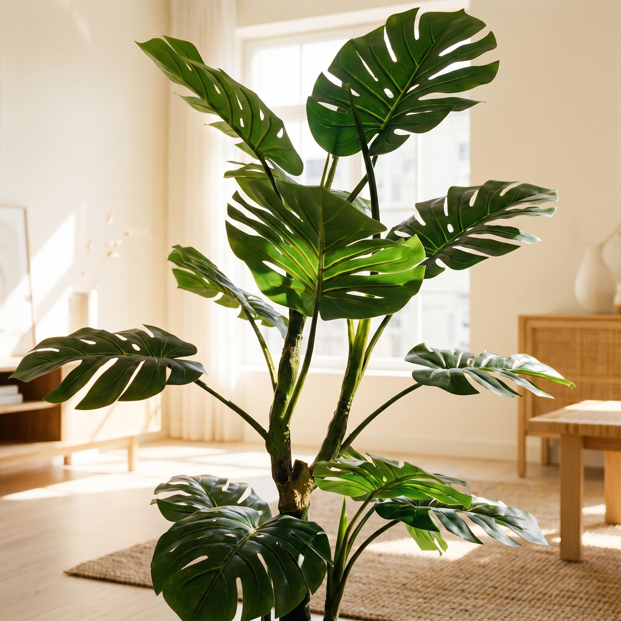 Monstera artificiel sur tronc de 160 cm FairyTrees dispos&eacute; dans un salon chaleureux, dans un d&eacute;cor d'int&eacute;rieur naturel.