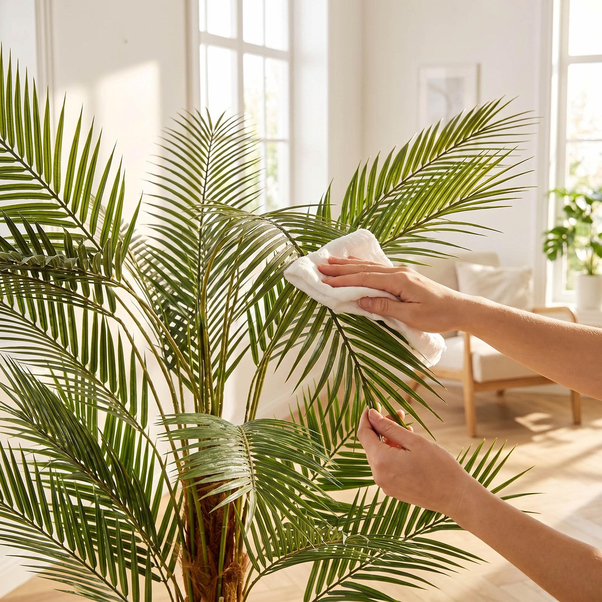 Des mains nettoient les feuilles du monstera artificiel sur tige de 160 cm FairyTrees, d&eacute;montrant ainsi la facilit&eacute; d'entretien de la plante.