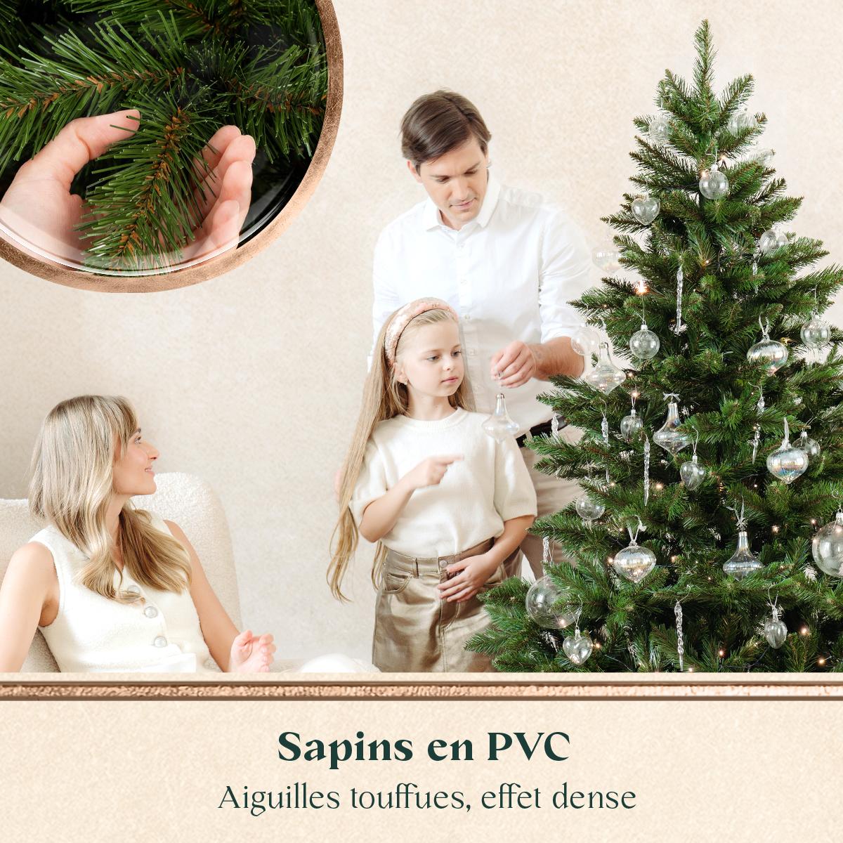 Une famille décore le sapin de Noël en PVC FairyTrees avec des aiguilles souples et une forme dense