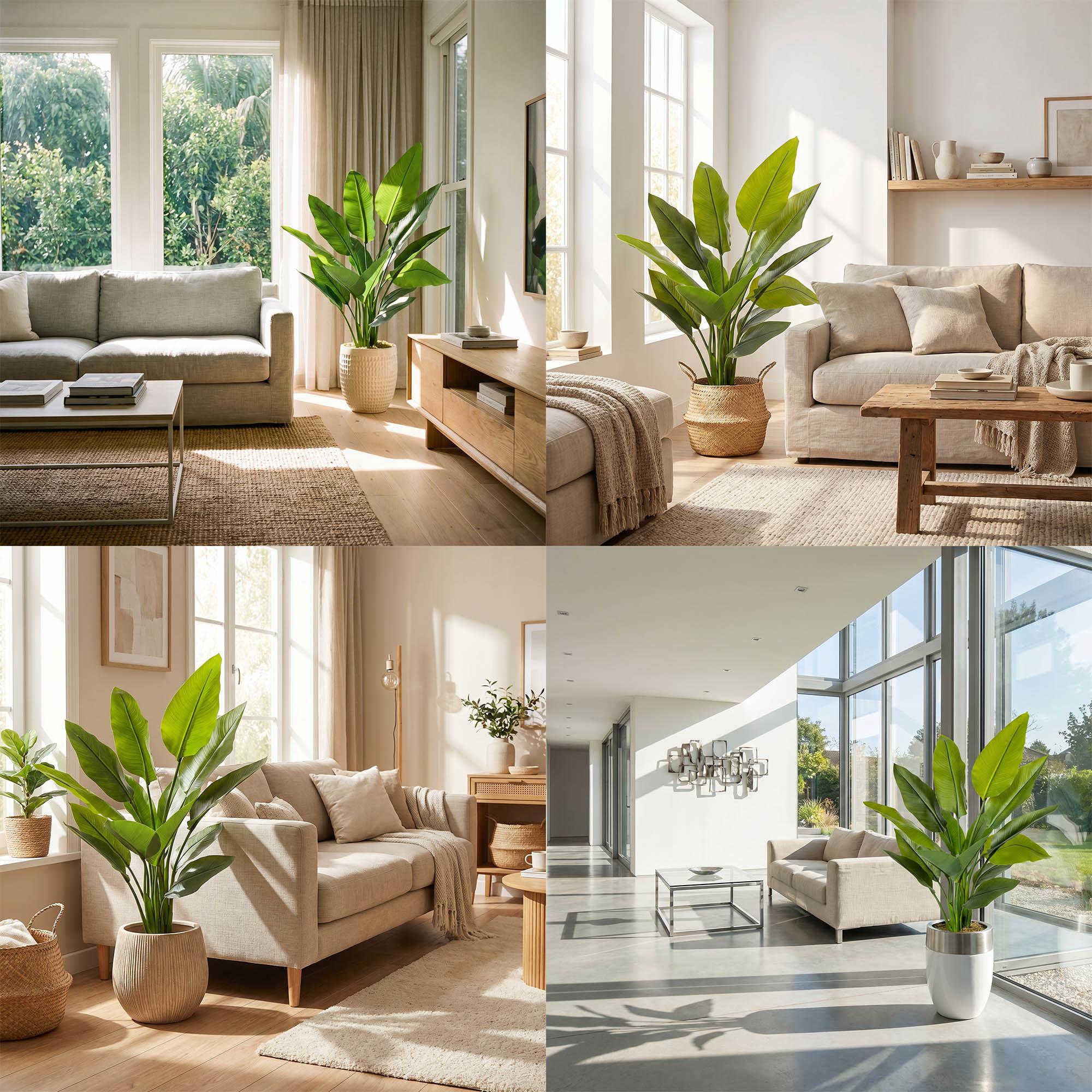 Le monstera artificiel sur tige de 160 cm FairyTrees comme d&eacute;coration d'int&eacute;rieur dans divers am&eacute;nagements, adapt&eacute; aux espaces modernes.