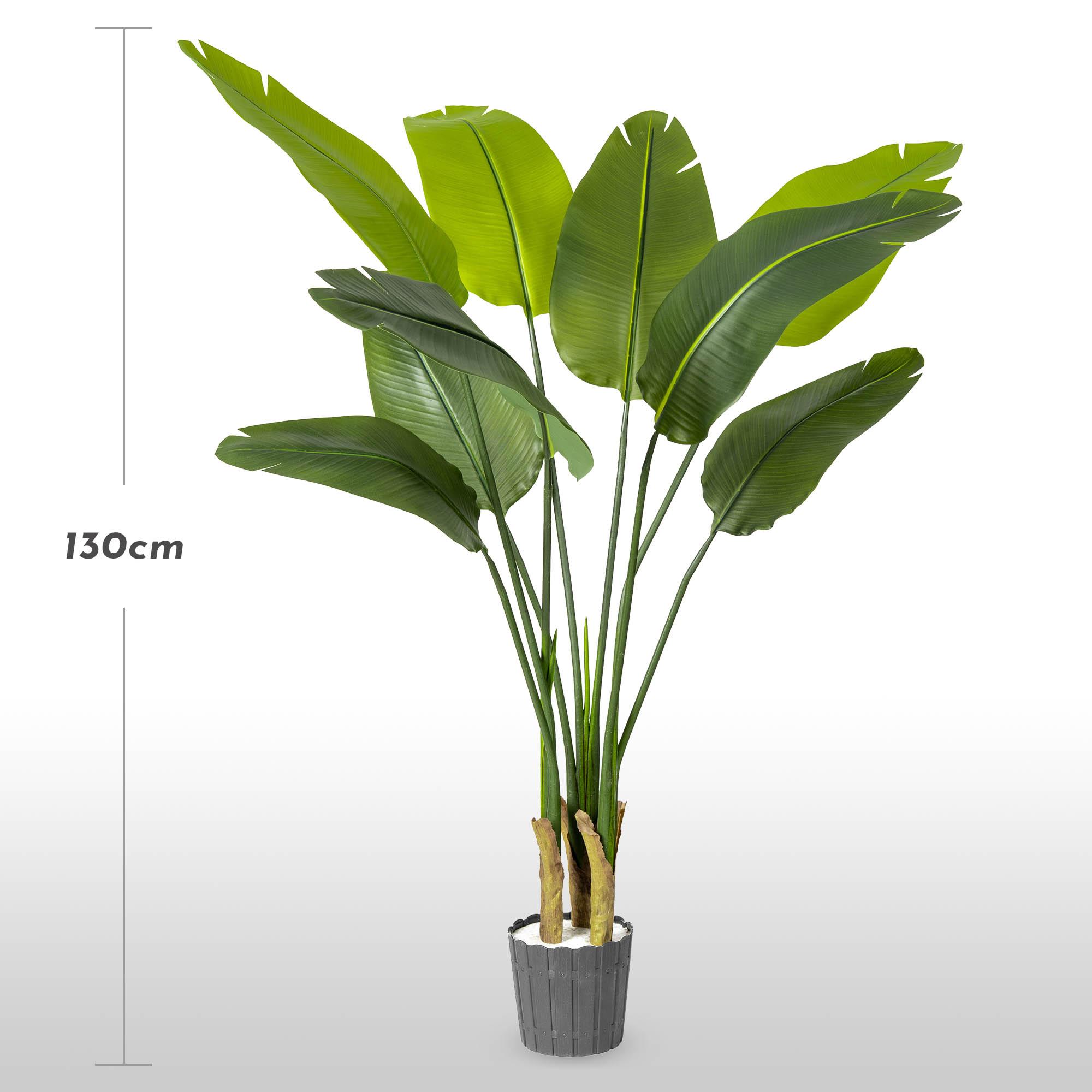 Monstera artificiel sur tronc de 160 cm FairyTrees sur fond clair, avec indication de la hauteur de la plante.
