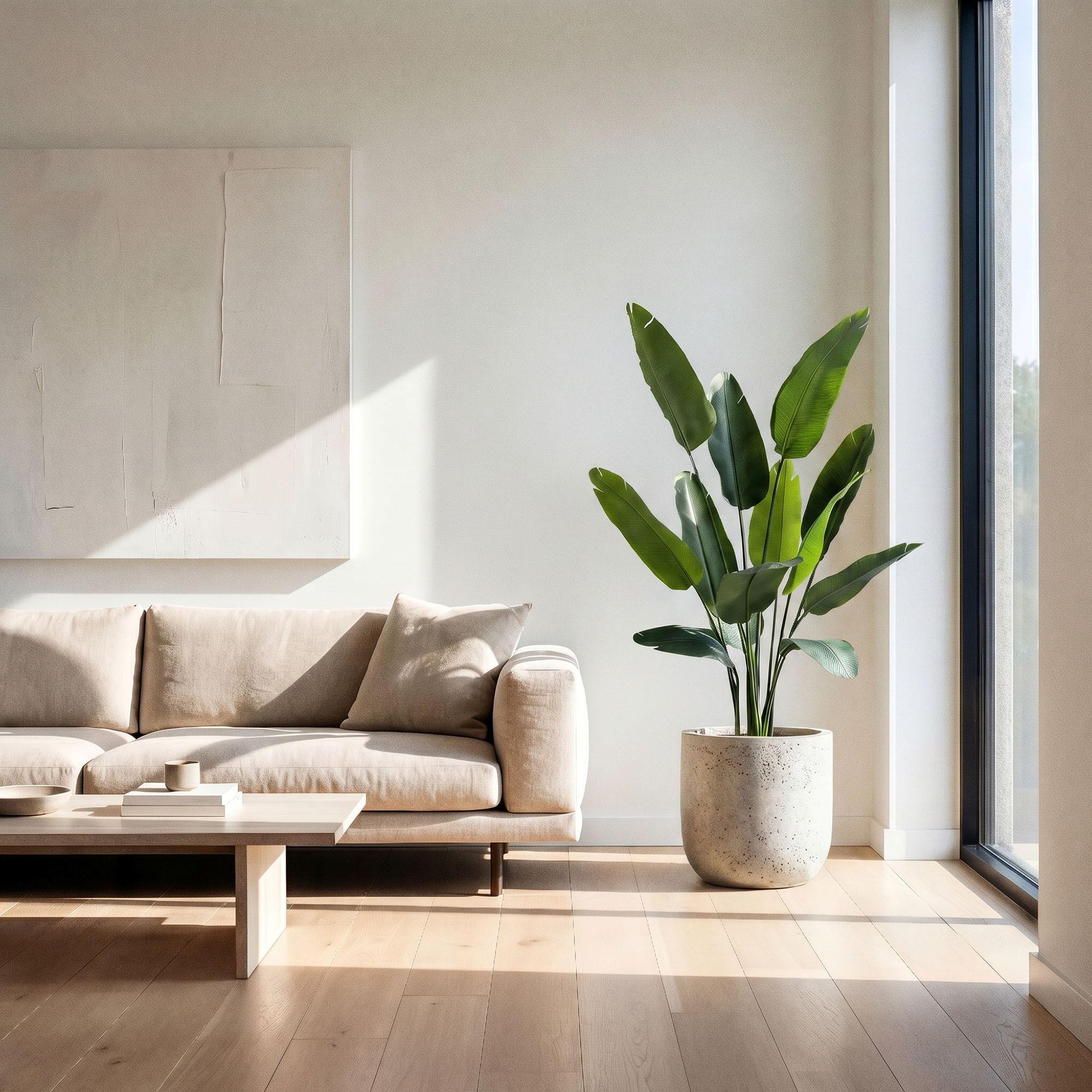 La strelitzia artificielle FairyTrees de 165 cm plac&eacute;e dans un salon minimaliste apporte une touche de verdure expressive.