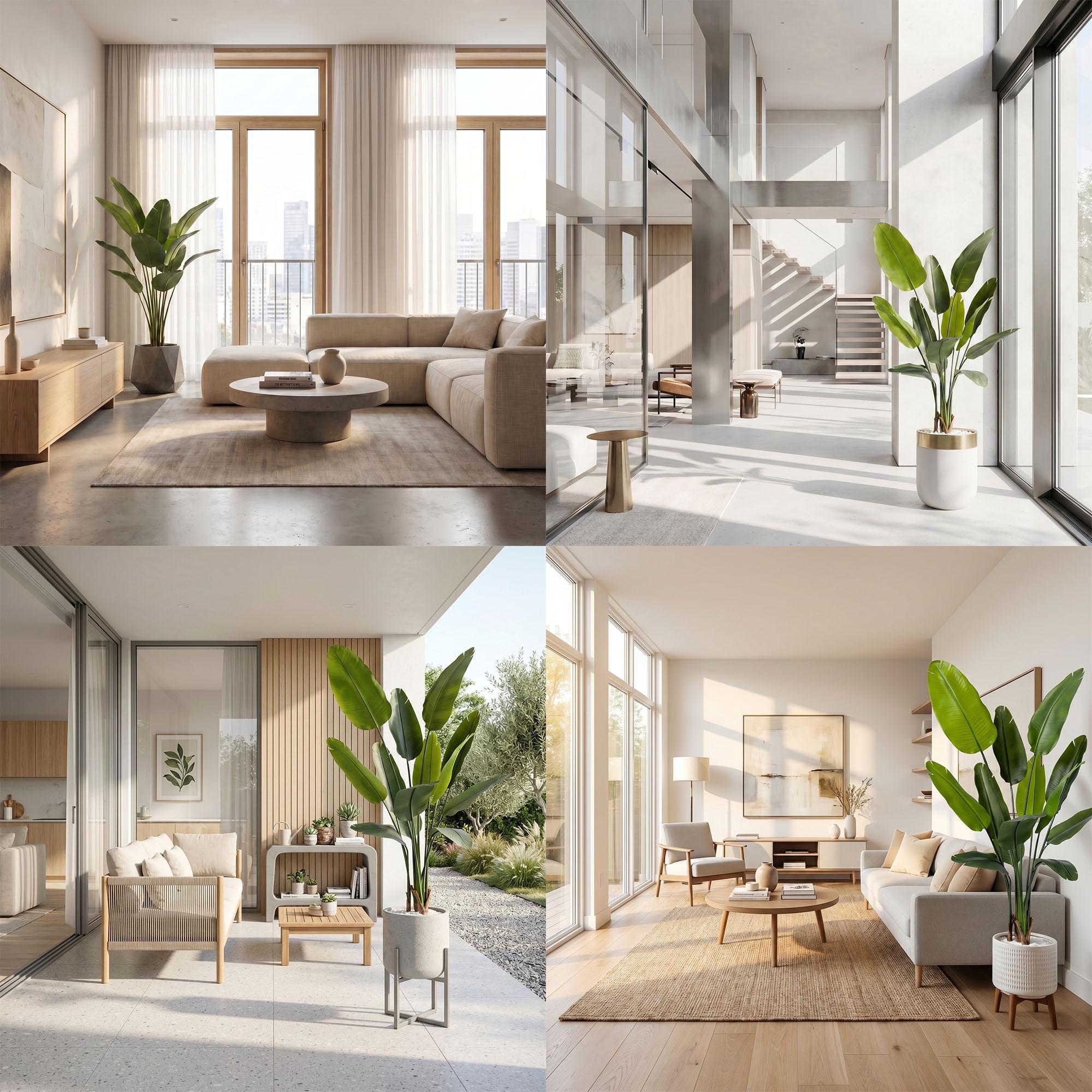 Strelitzia artificielle 165 cm FairyTrees dans divers am&eacute;nagements d'int&eacute;rieur, adapt&eacute;e aux pi&egrave;ces spacieuses et modernes.