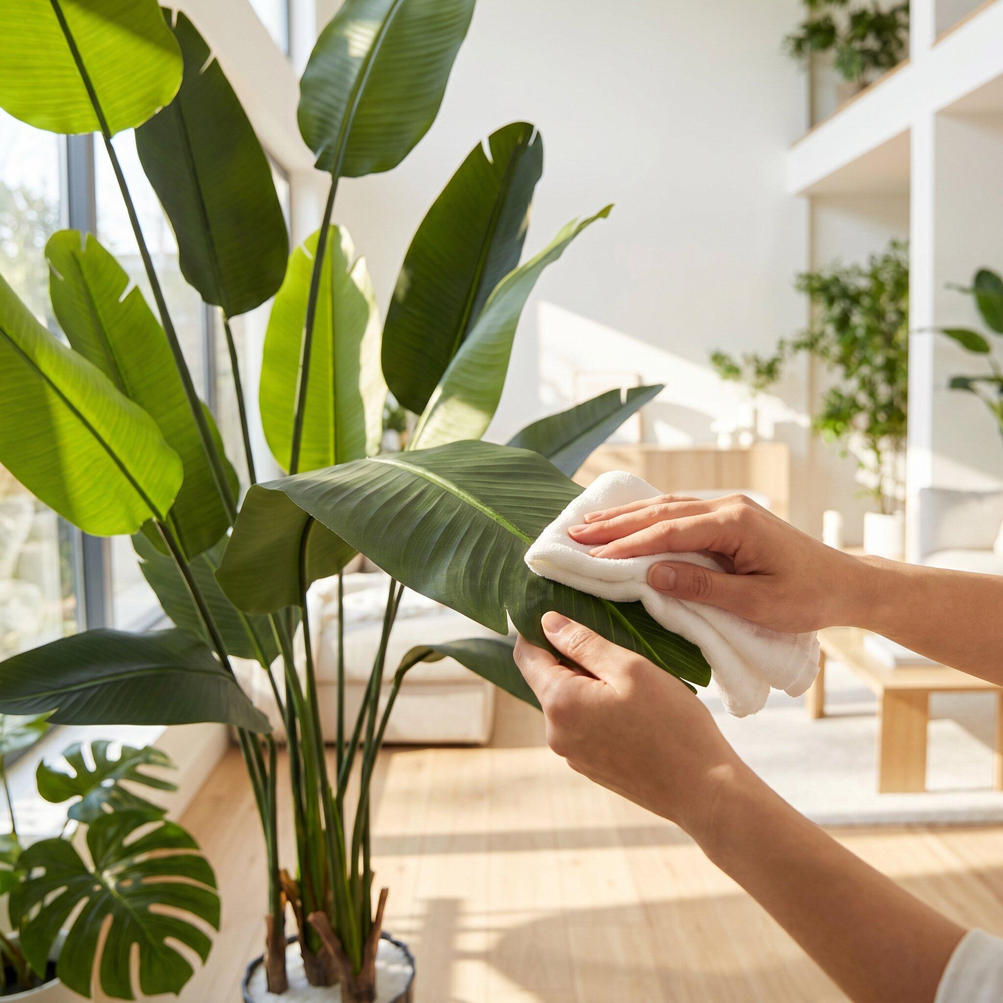 Le nettoyage des feuilles de la strelitzia artificielle FairyTrees de 165 cm d&eacute;montre la simplicit&eacute; de son entretien et la facilit&eacute; avec laquelle on peut la garder propre.